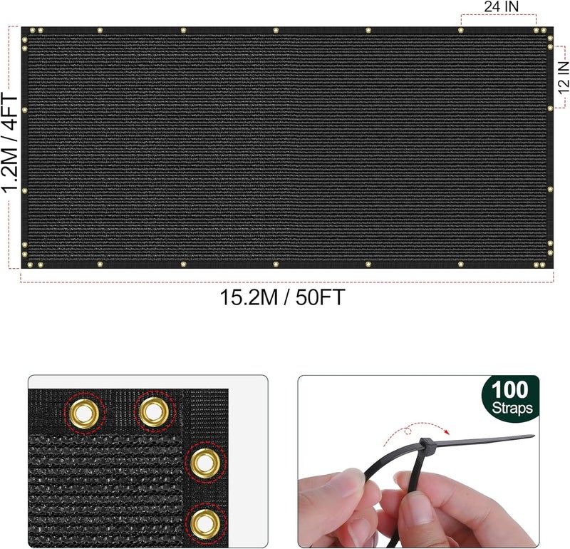 phepetroll 4 x 50FT Privacy Screen Fence Black Heavy Duty Mesh Fencing Shade Net Cover with Reinforced Bindings 100 Straps for Outdoor Chain Link Fence Patio Wall Garden Backyard, Black - Image 2
